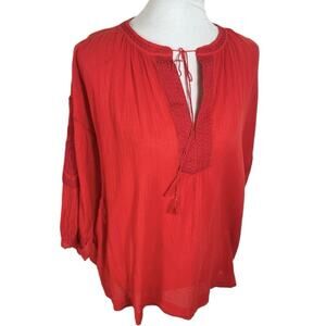 Madewell Red Gauze Boho Peasant Embroidered Blouse with Tassels Size S